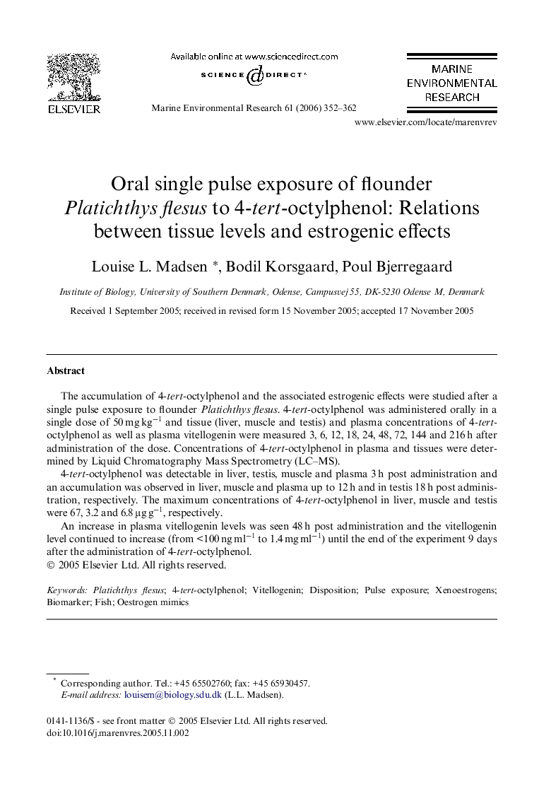 Oral single pulse exposure of flounder Platichthys flesus to 4-tert-octylphenol: Relations between tissue levels and estrogenic effects