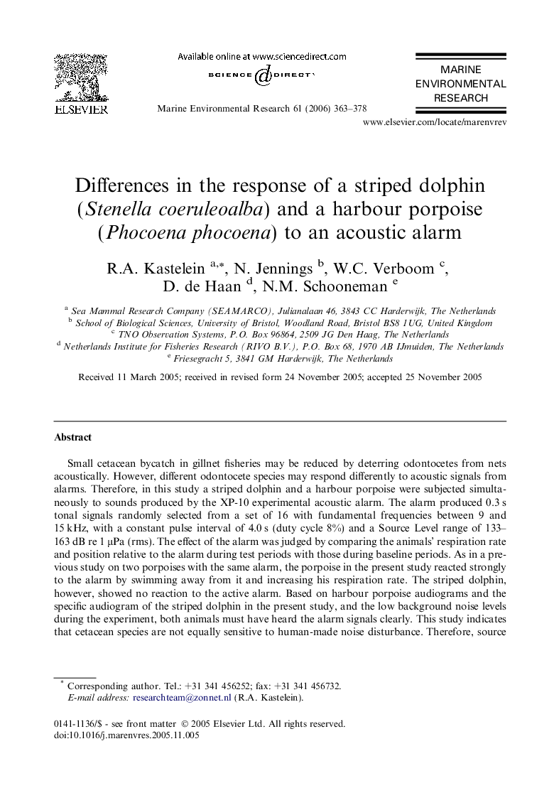 Differences in the response of a striped dolphin (Stenella coeruleoalba) and a harbour porpoise (Phocoena phocoena) to an acoustic alarm