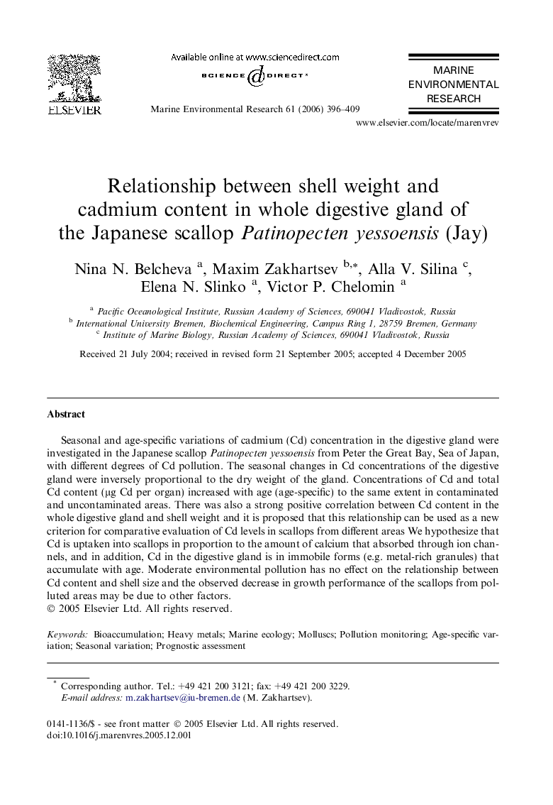 Relationship between shell weight and cadmium content in whole digestive gland of the Japanese scallop Patinopecten yessoensis (Jay)