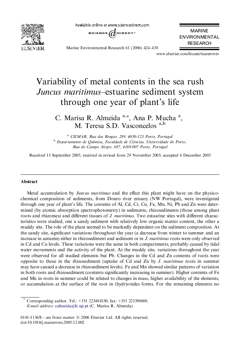 Variability of metal contents in the sea rush Juncus maritimus–estuarine sediment system through one year of plant’s life