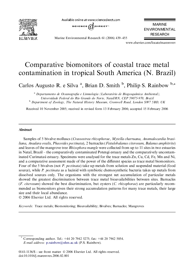 Comparative biomonitors of coastal trace metal contamination in tropical South America (N. Brazil)