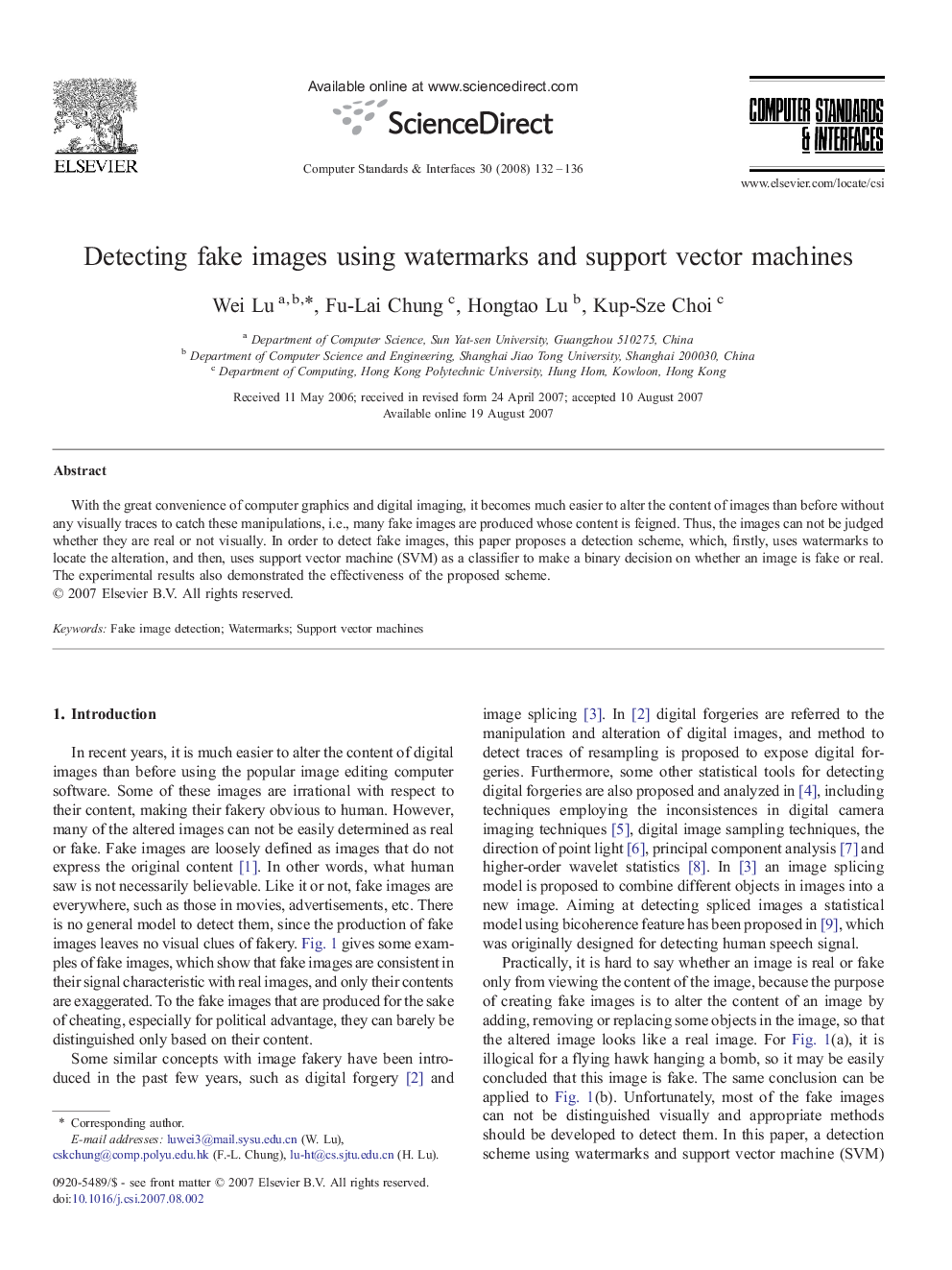 Detecting fake images using watermarks and support vector machines