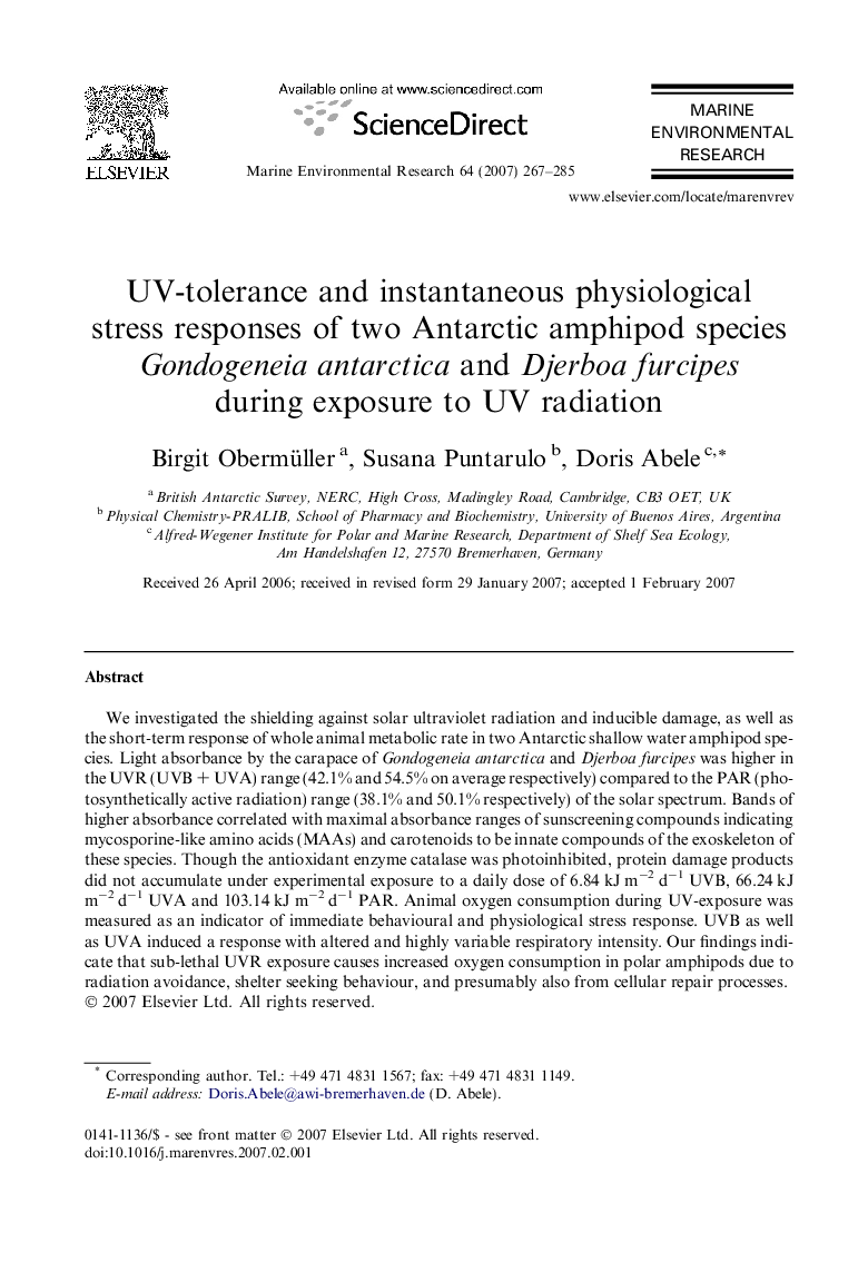 UV-tolerance and instantaneous physiological stress responses of two Antarctic amphipod species Gondogeneia antarctica and Djerboa furcipes during exposure to UV radiation