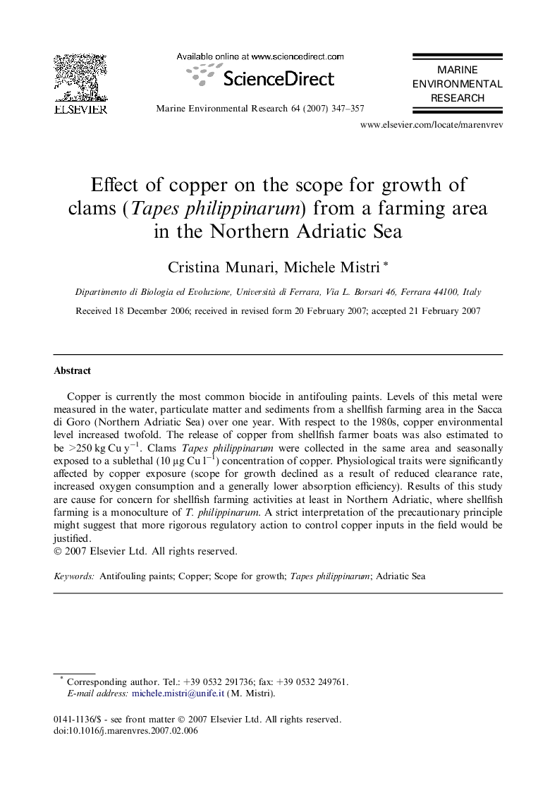 Effect of copper on the scope for growth of clams (Tapes philippinarum) from a farming area in the Northern Adriatic Sea