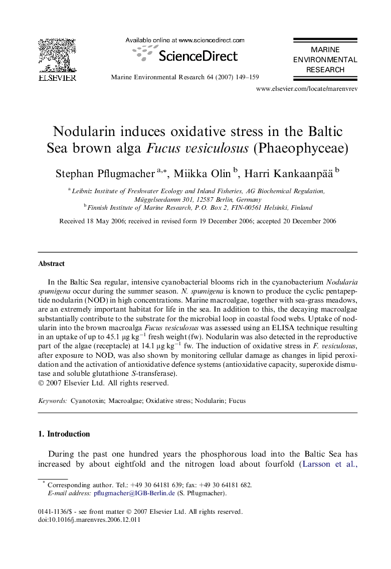 Nodularin induces oxidative stress in the Baltic Sea brown alga Fucus vesiculosus (Phaeophyceae)