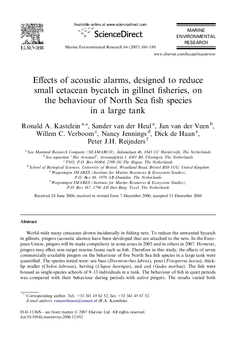 Effects of acoustic alarms, designed to reduce small cetacean bycatch in gillnet fisheries, on the behaviour of North Sea fish species in a large tank