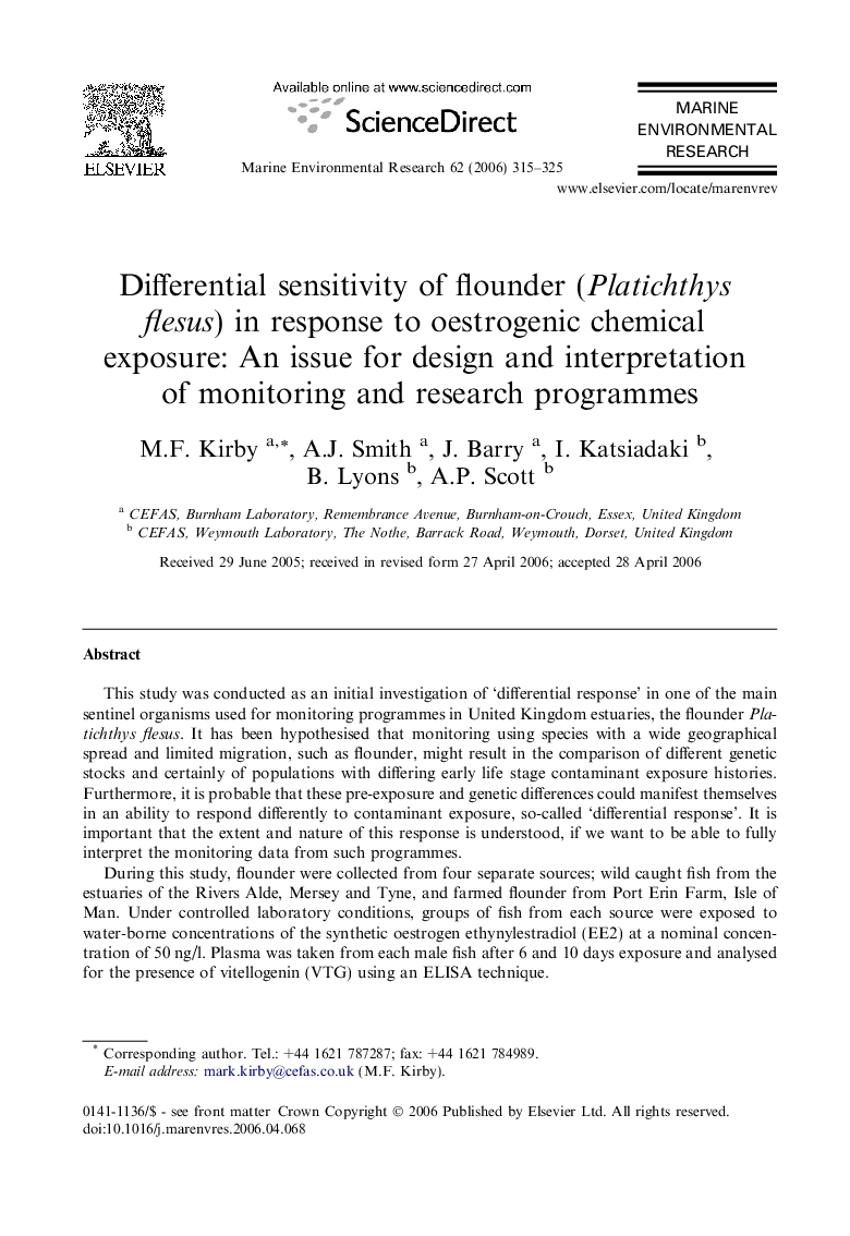 Differential sensitivity of flounder (Platichthys flesus) in response to oestrogenic chemical exposure: An issue for design and interpretation of monitoring and research programmes