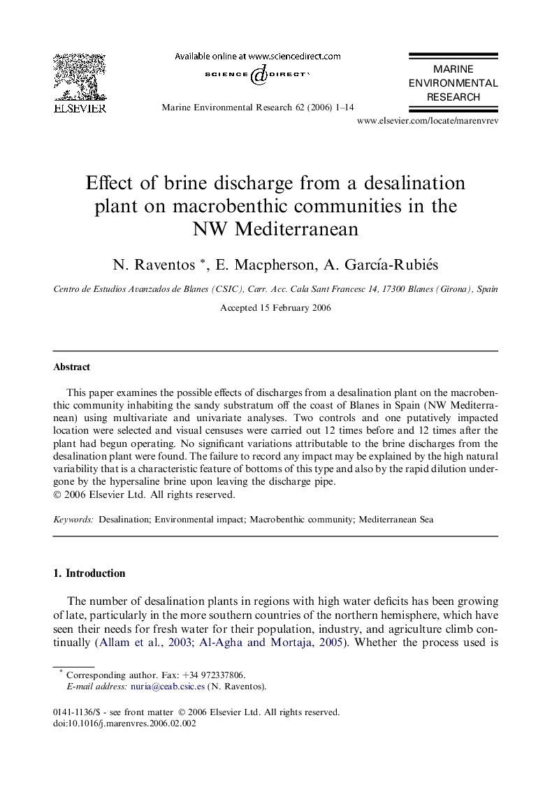 Effect of brine discharge from a desalination plant on macrobenthic communities in the NW Mediterranean