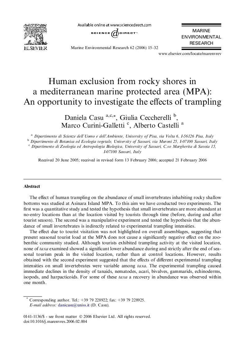 Human exclusion from rocky shores in a mediterranean marine protected area (MPA): An opportunity to investigate the effects of trampling