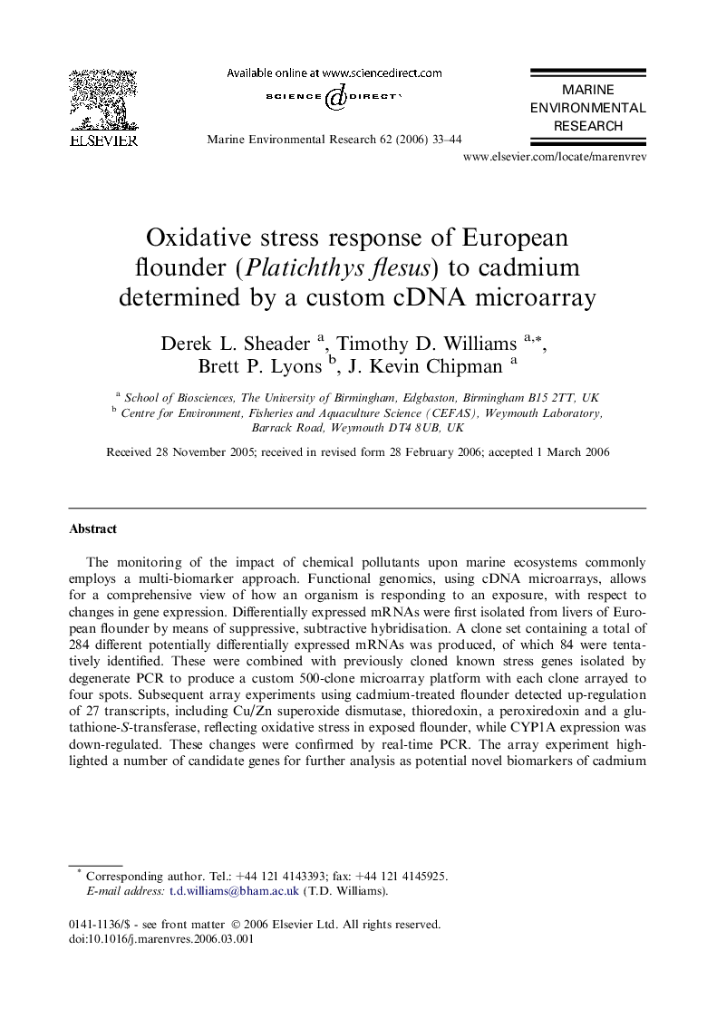 Oxidative stress response of European flounder (Platichthys flesus) to cadmium determined by a custom cDNA microarray