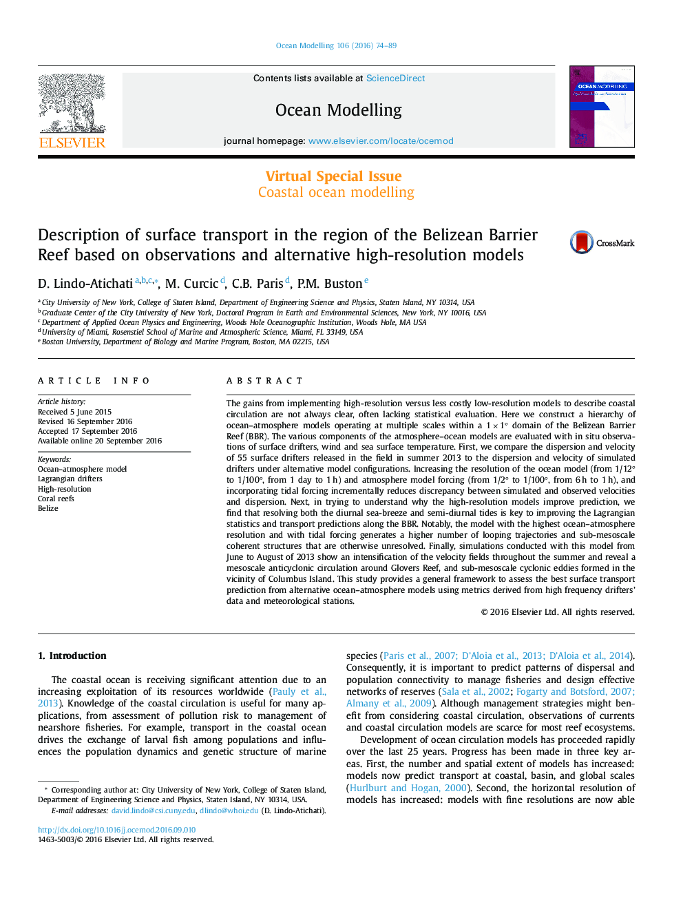 Description of surface transport in the region of the Belizean Barrier Reef based on observations and alternative high-resolution models