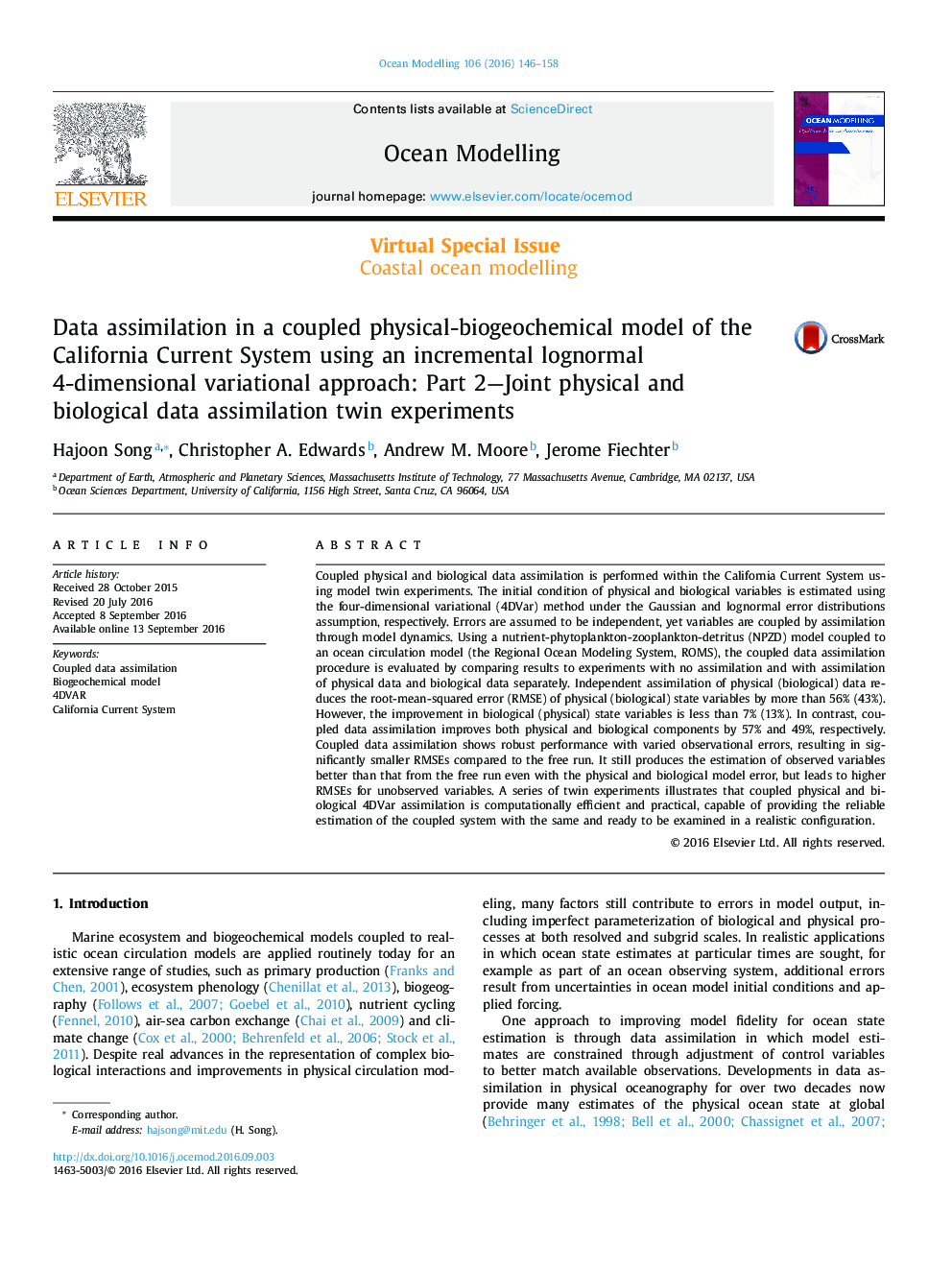 Data assimilation in a coupled physical-biogeochemical model of the California Current System using an incremental lognormal 4-dimensional variational approach: Part 2—Joint physical and biological data assimilation twin experiments