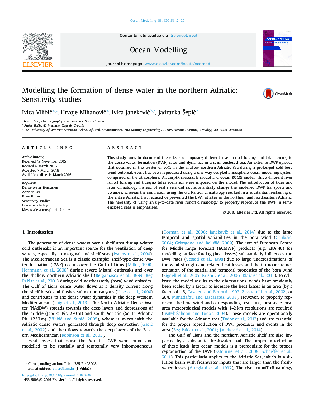 مدل سازی آب شفابخش در شمال دریای آدریاتیک: مطالعات حساسیت 