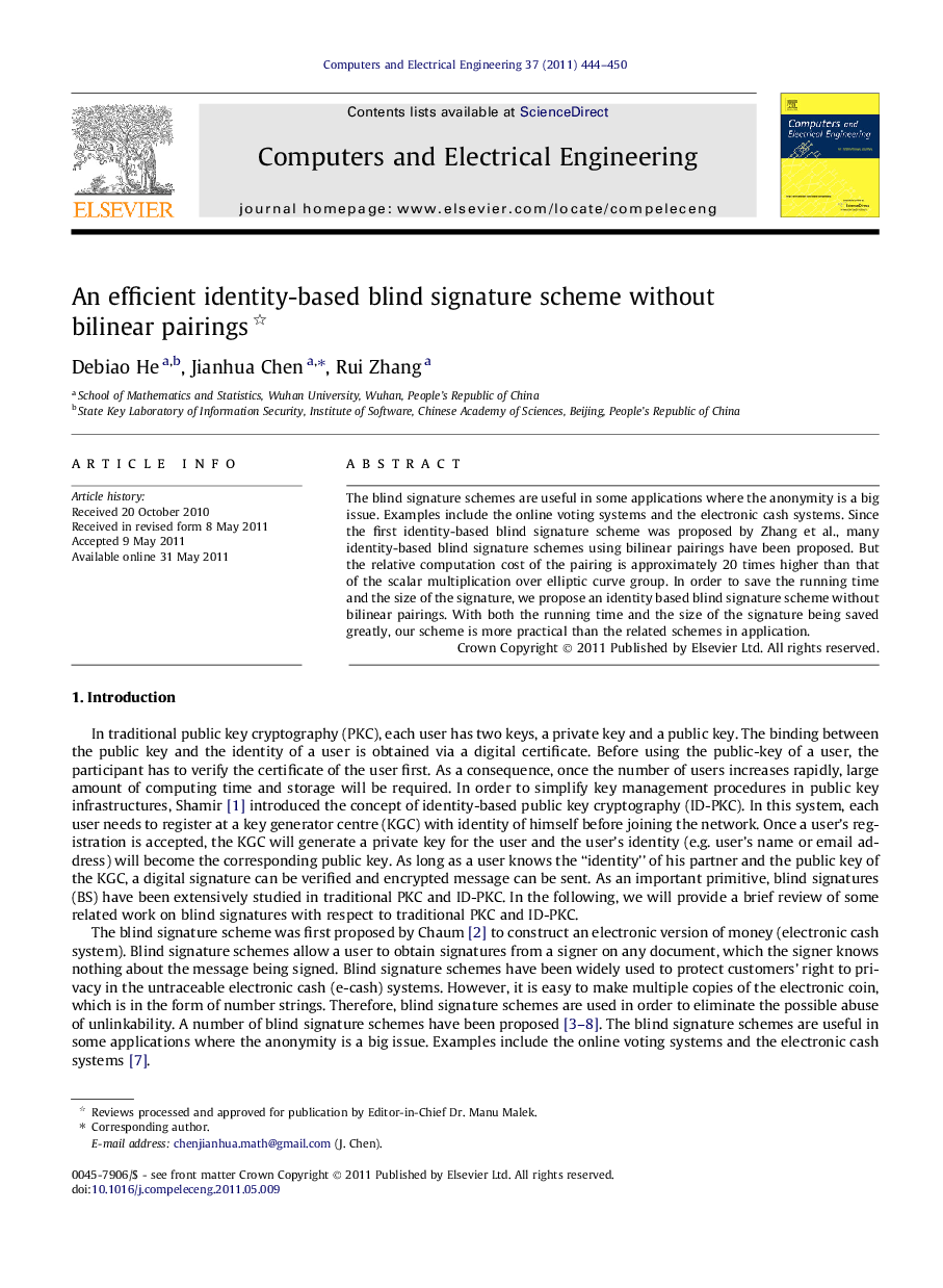 عکس صفحه اول مقاله: An efficient identity-based blind signature scheme without bilinear pairings An efficient identity-based blind signature scheme without bilinear pairings