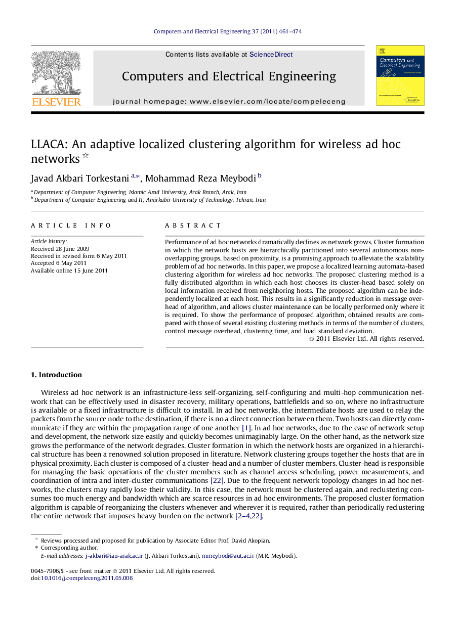 LLACA: An adaptive localized clustering algorithm for wireless ad hoc networks 