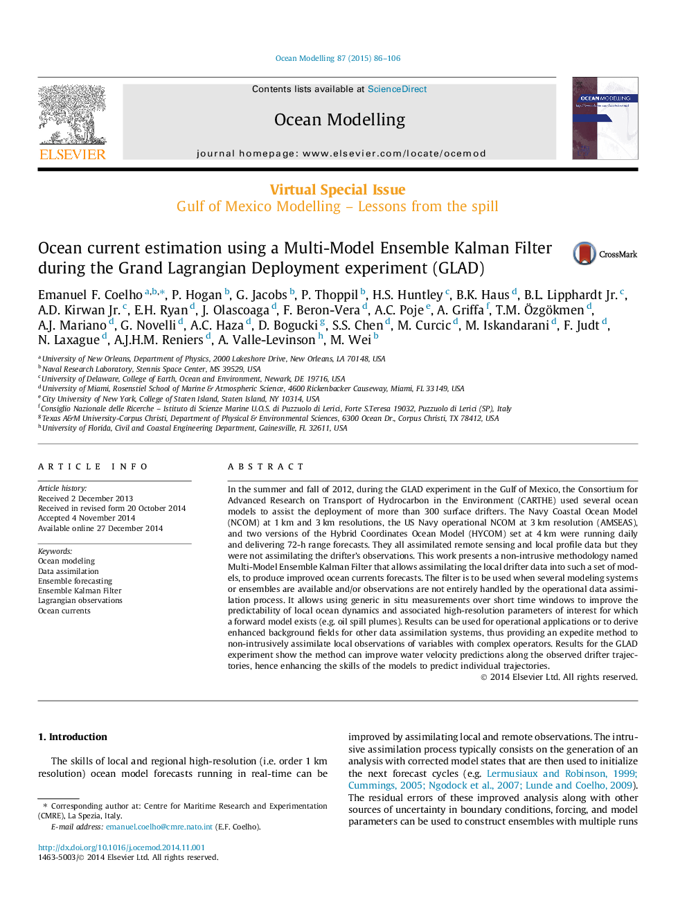 Ocean current estimation using a Multi-Model Ensemble Kalman Filter during the Grand Lagrangian Deployment experiment (GLAD)