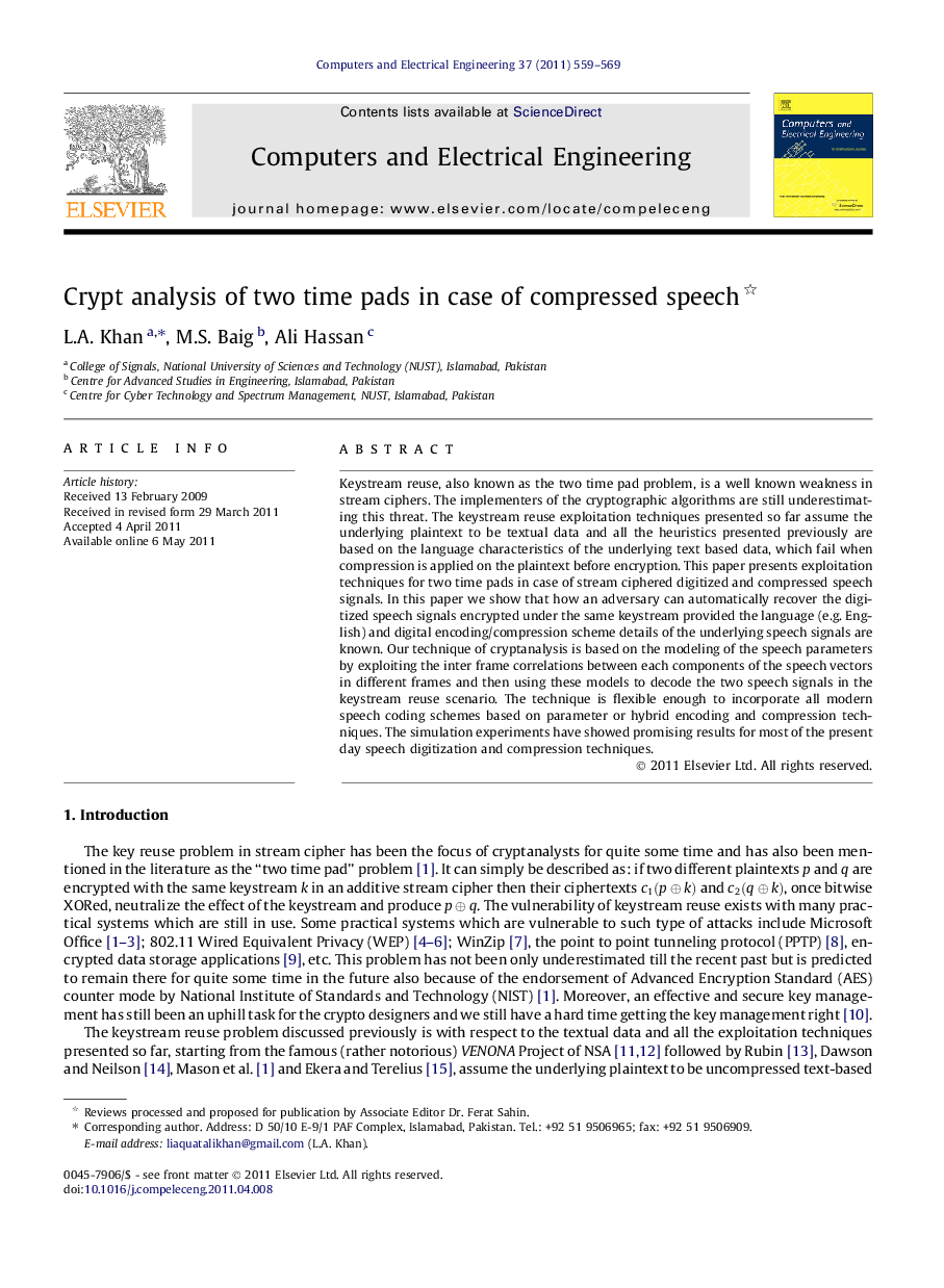 Crypt analysis of two time pads in case of compressed speech 