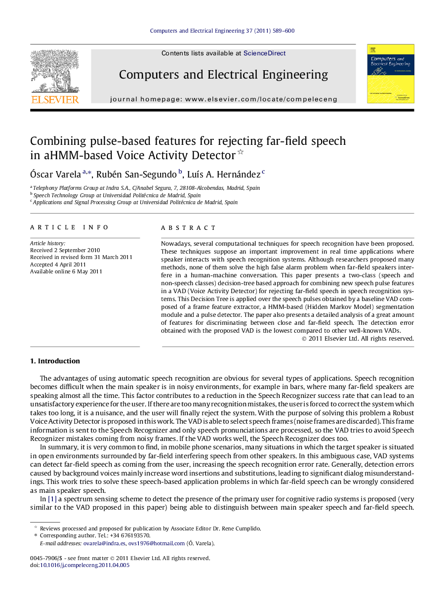 Combining pulse-based features for rejecting far-field speech in a HMM-based Voice Activity Detector 