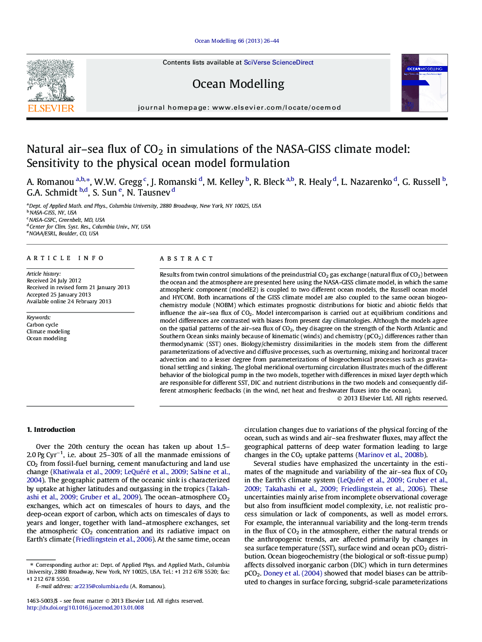 Natural air-sea flux of CO2 in simulations of the NASA-GISS climate model: Sensitivity to the physical ocean model formulation