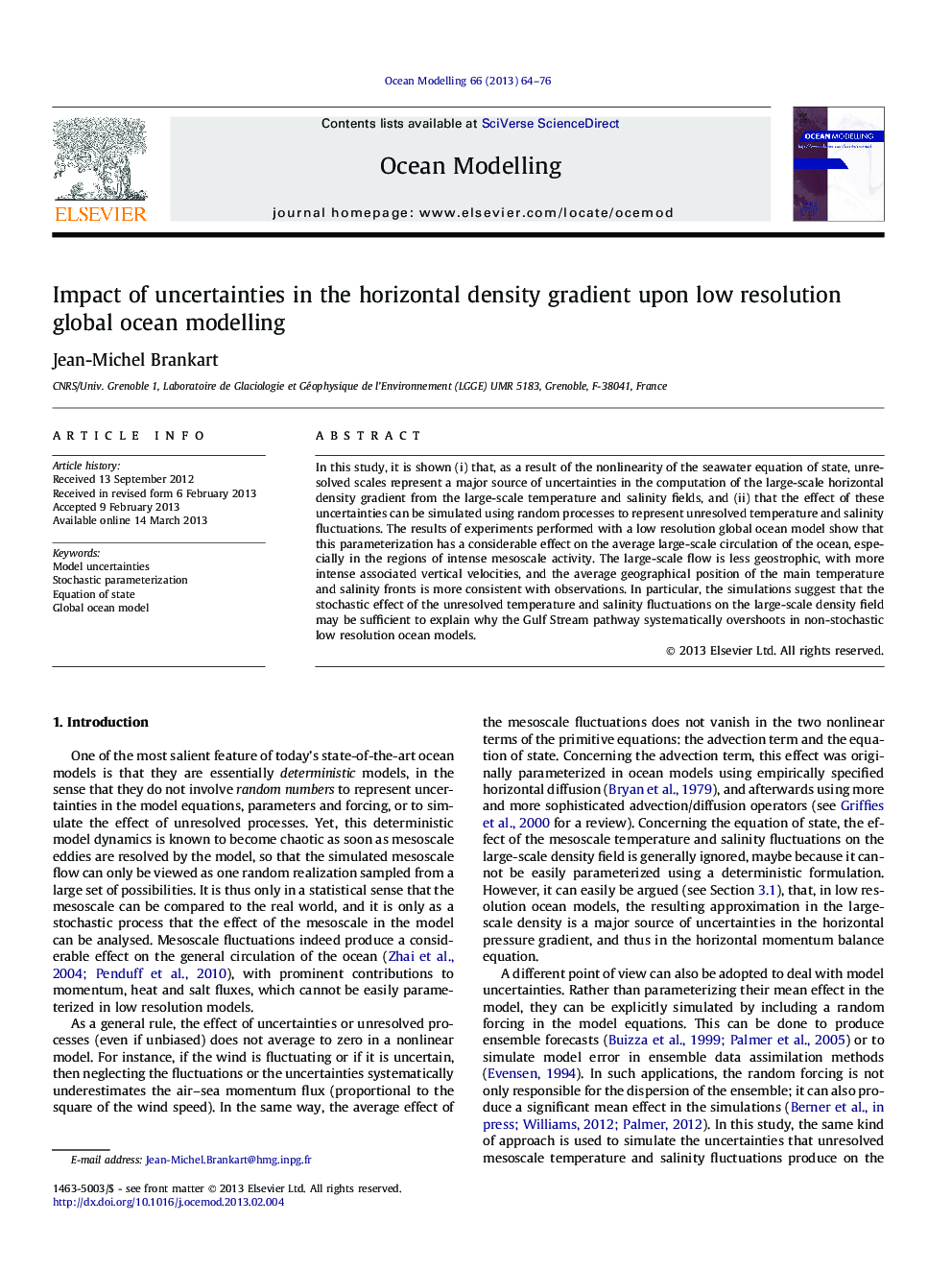 Impact of uncertainties in the horizontal density gradient upon low resolution global ocean modelling