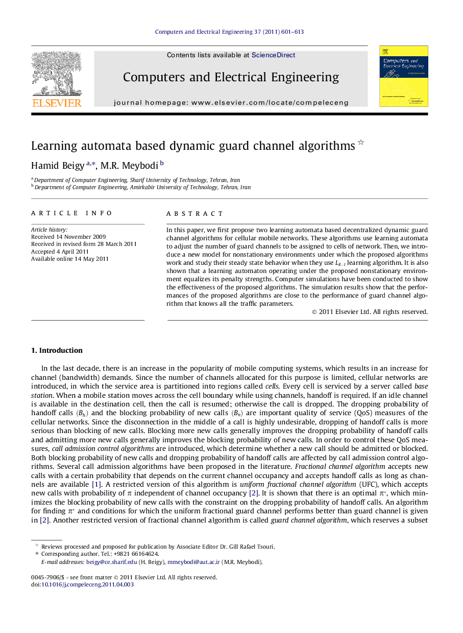 Learning automata based dynamic guard channel algorithms 