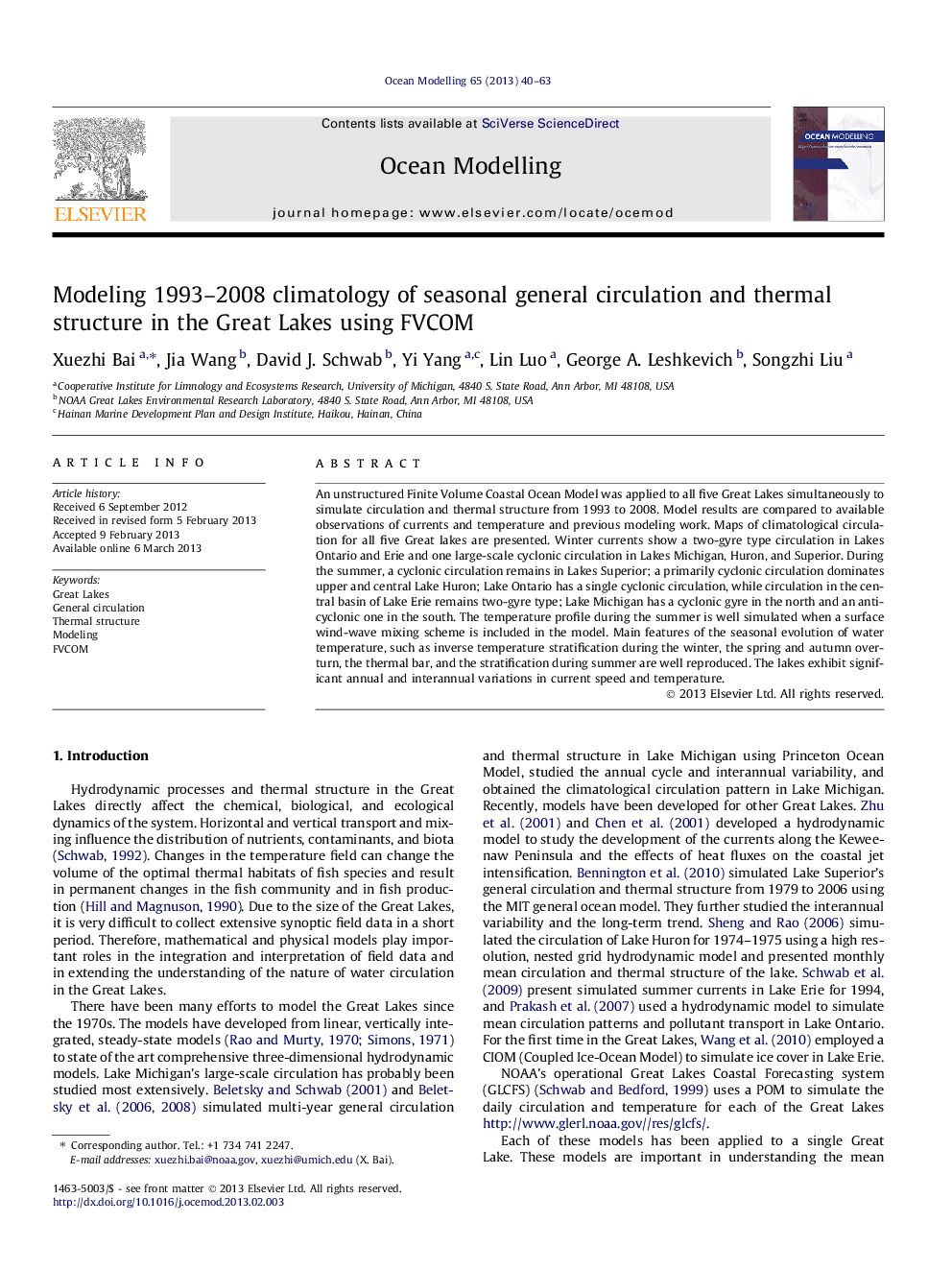 Modeling 1993–2008 climatology of seasonal general circulation and thermal structure in the Great Lakes using FVCOM