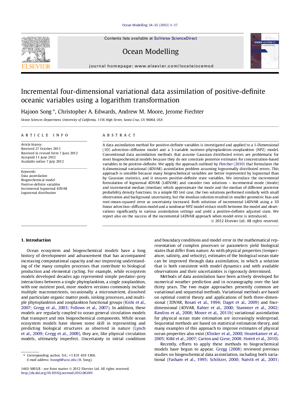 Incremental four-dimensional variational data assimilation of positive-definite oceanic variables using a logarithm transformation