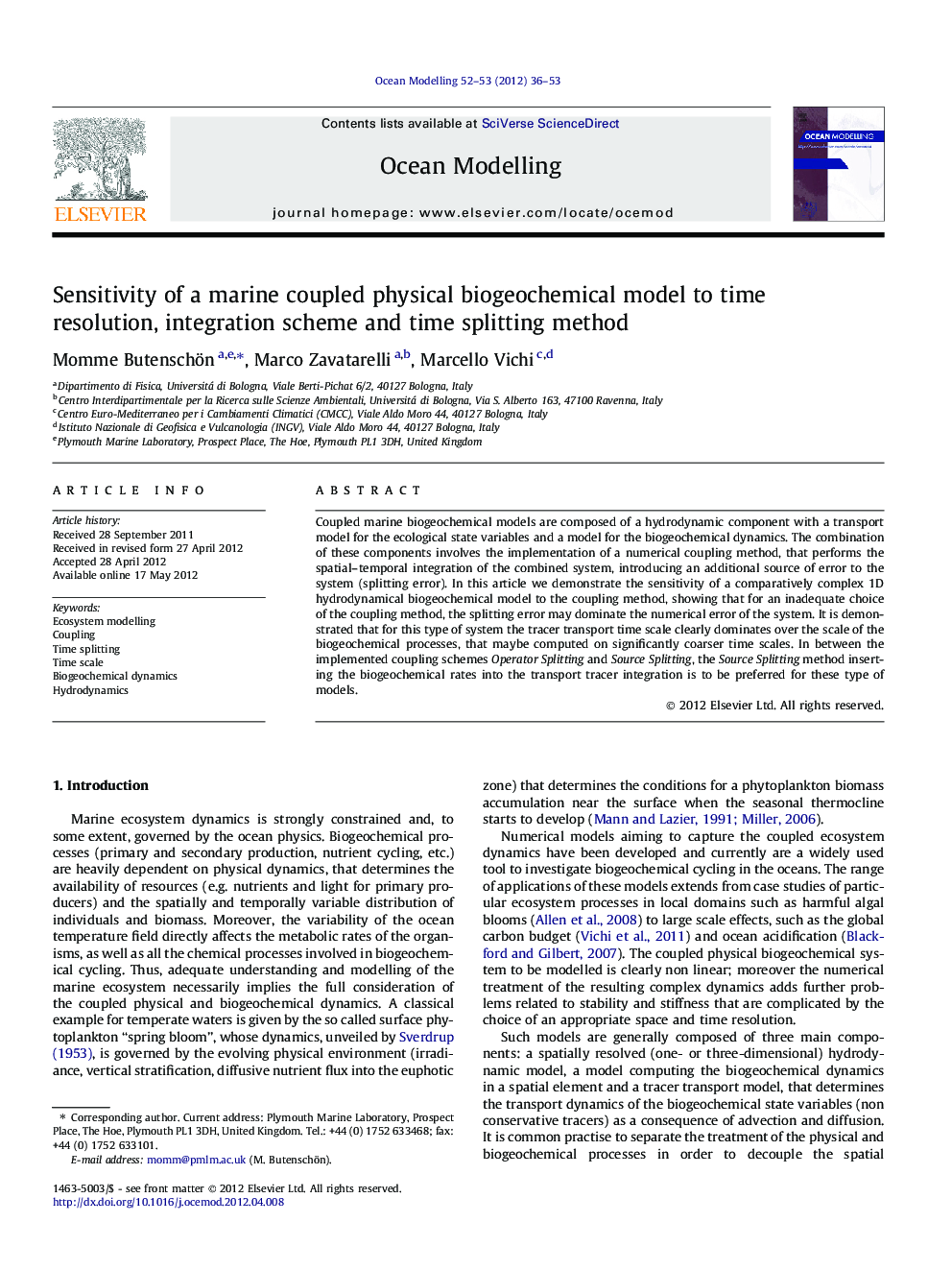 Sensitivity of a marine coupled physical biogeochemical model to time resolution, integration scheme and time splitting method