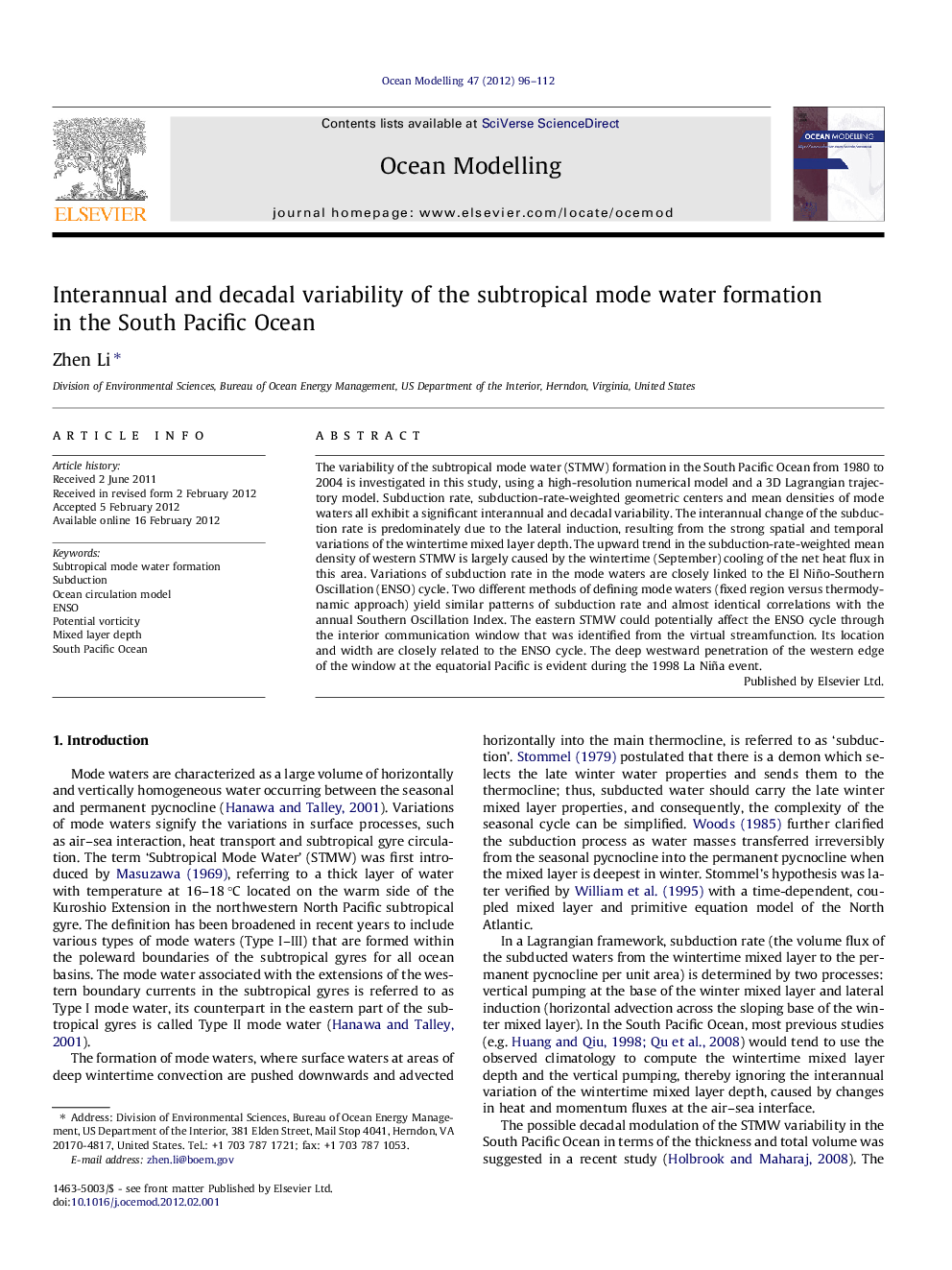 Interannual and decadal variability of the subtropical mode water formation in the South Pacific Ocean