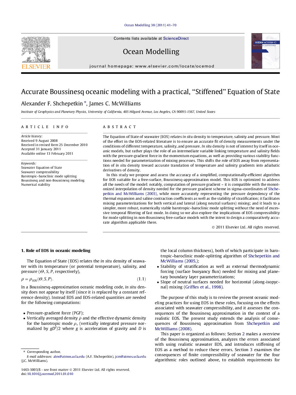 Accurate Boussinesq oceanic modeling with a practical, “Stiffened” Equation of State