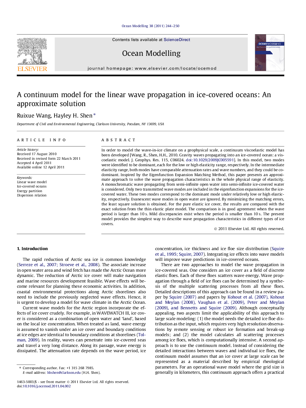 A continuum model for the linear wave propagation in ice-covered oceans: An approximate solution