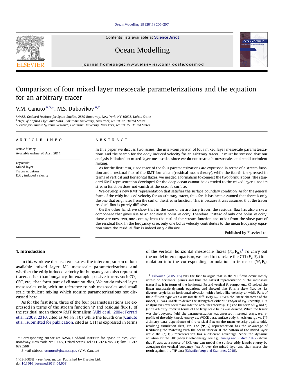 Comparison of four mixed layer mesoscale parameterizations and the equation for an arbitrary tracer