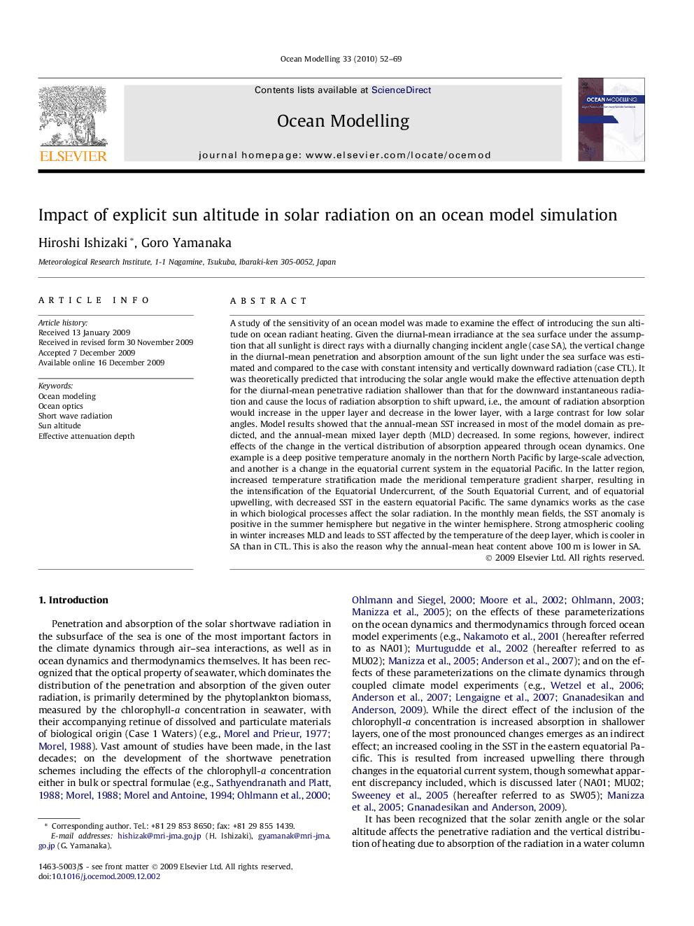 Impact of explicit sun altitude in solar radiation on an ocean model simulation