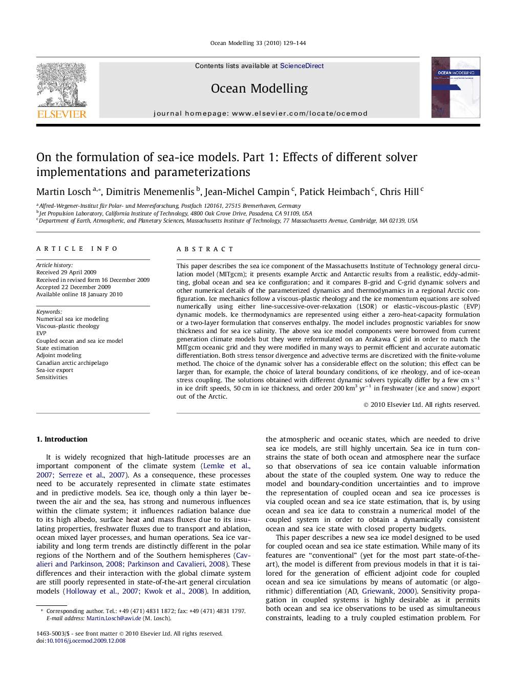 On the formulation of sea-ice models. Part 1: Effects of different solver implementations and parameterizations