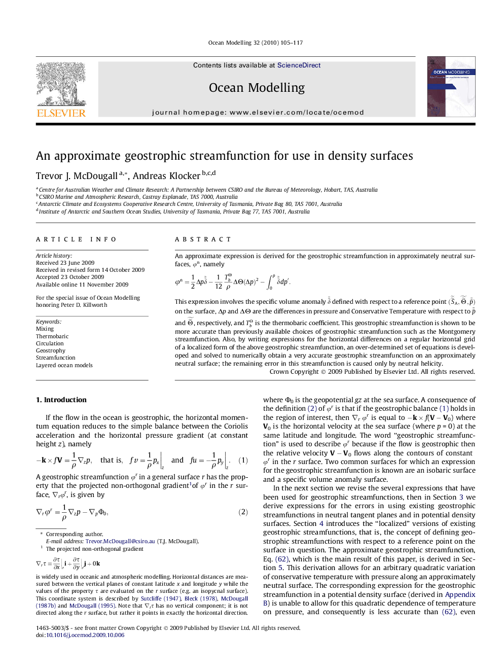 An approximate geostrophic streamfunction for use in density surfaces