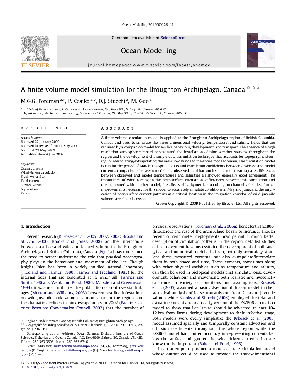 A finite volume model simulation for the Broughton Archipelago, Canada 