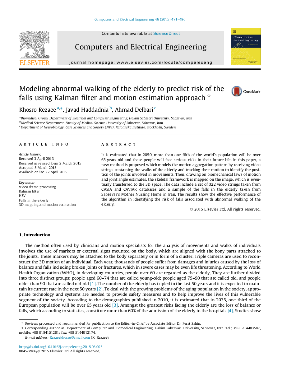 Modeling abnormal walking of the elderly to predict risk of the falls using Kalman filter and motion estimation approach 