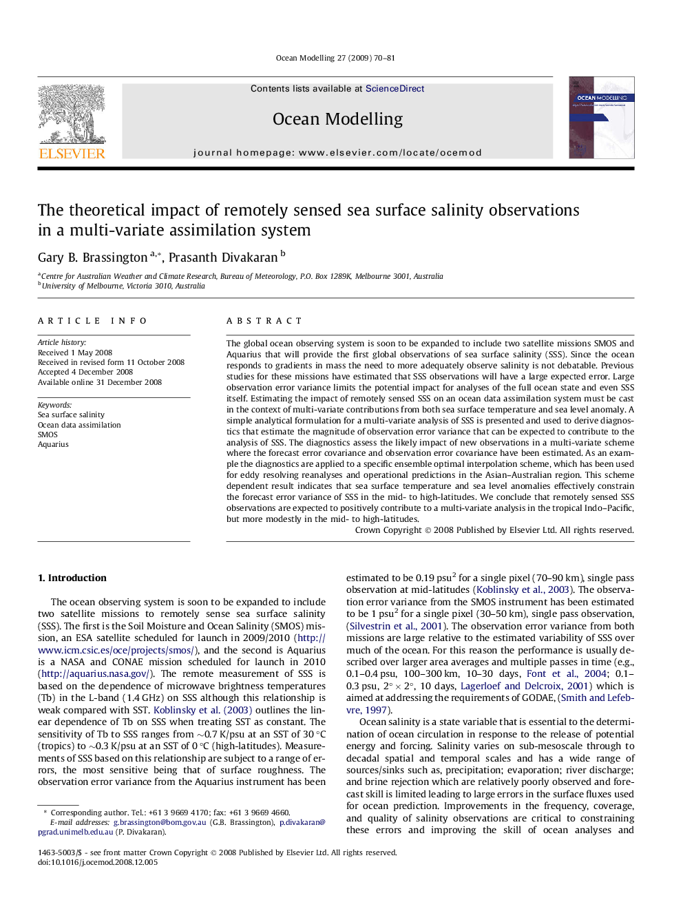 The theoretical impact of remotely sensed sea surface salinity observations in a multi-variate assimilation system