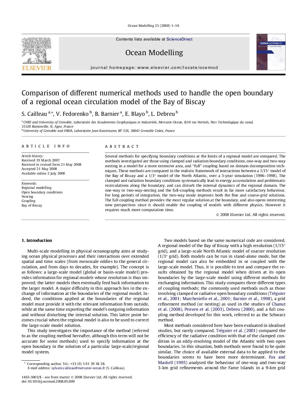 Comparison of different numerical methods used to handle the open boundary of a regional ocean circulation model of the Bay of Biscay