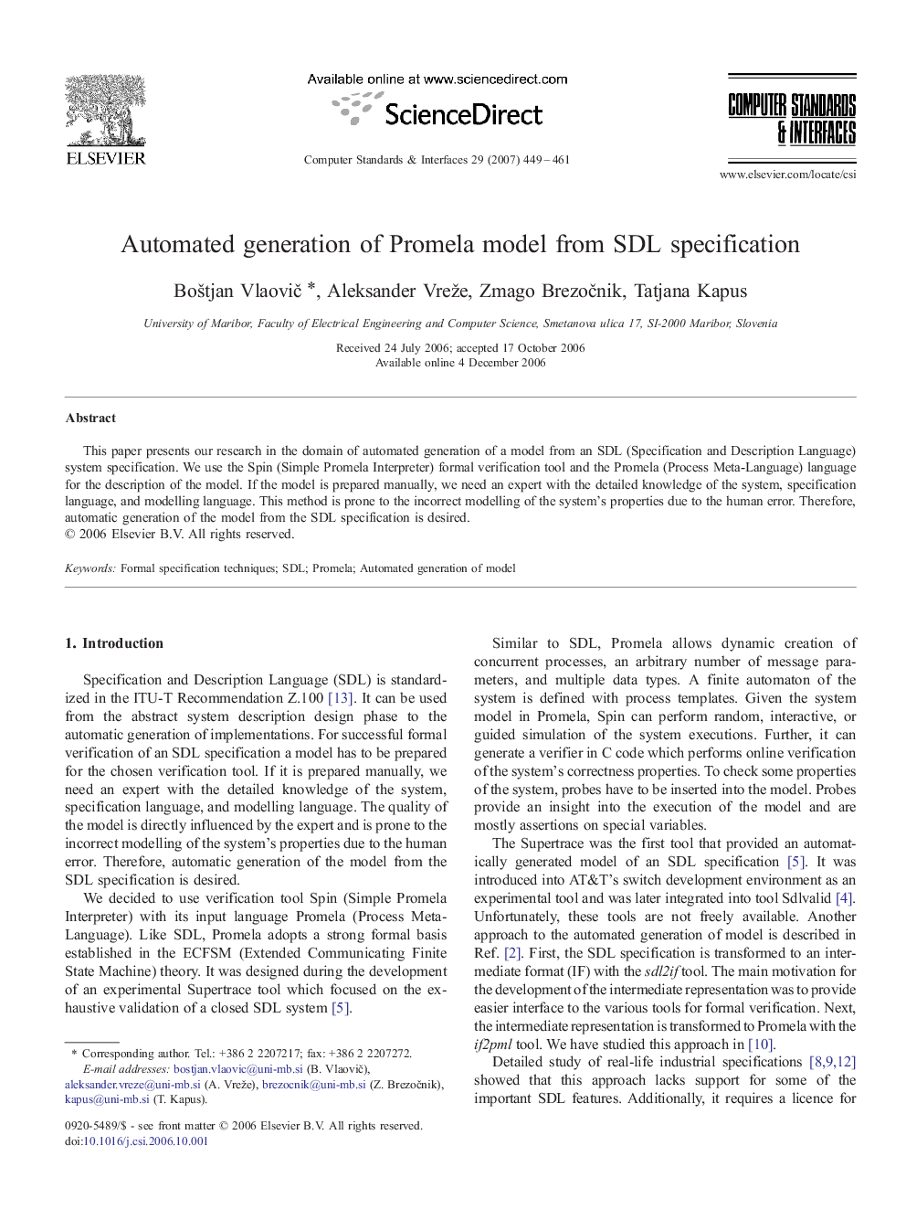 Automated generation of Promela model from SDL specification