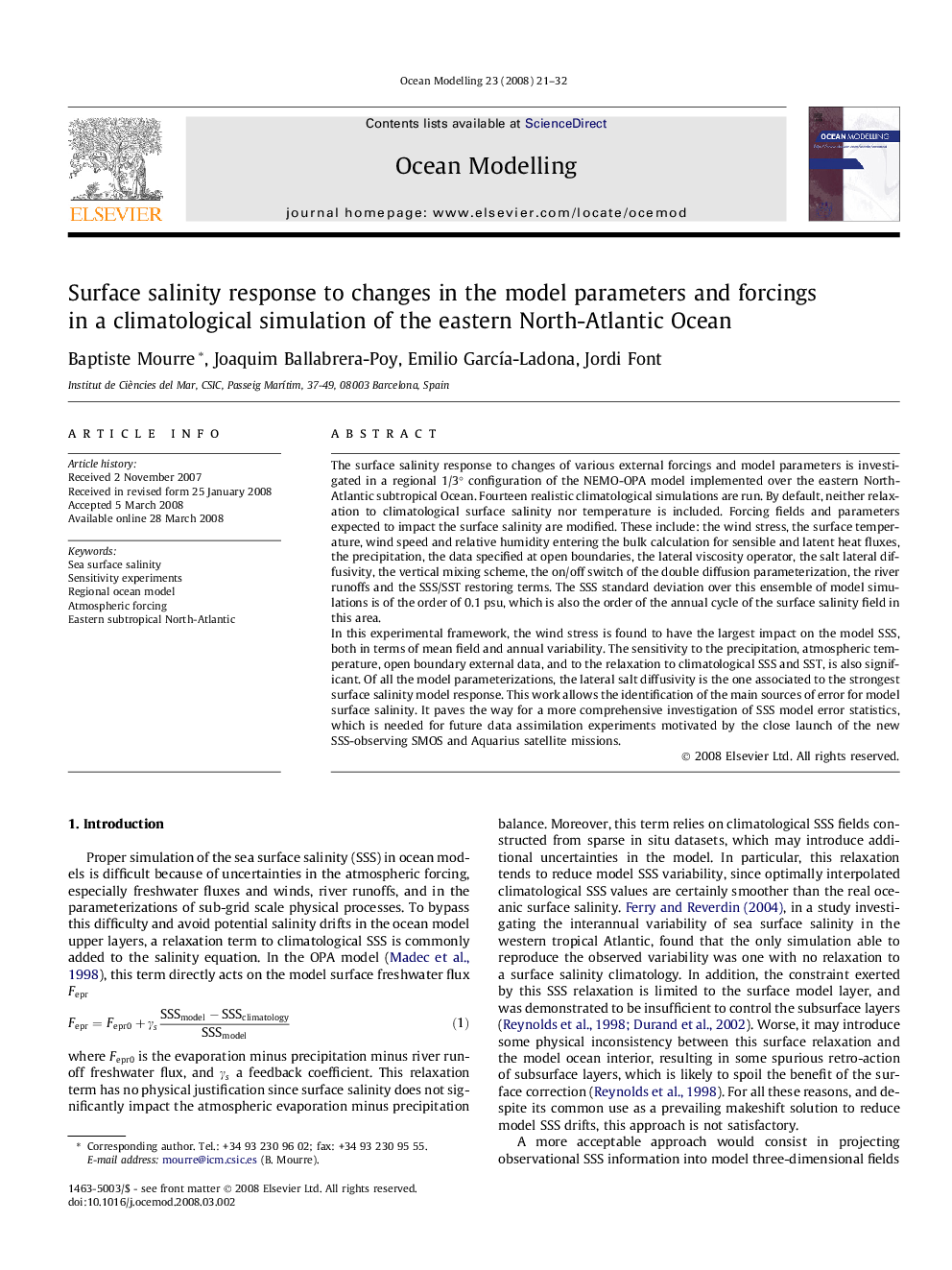 Surface salinity response to changes in the model parameters and forcings in a climatological simulation of the eastern North-Atlantic Ocean