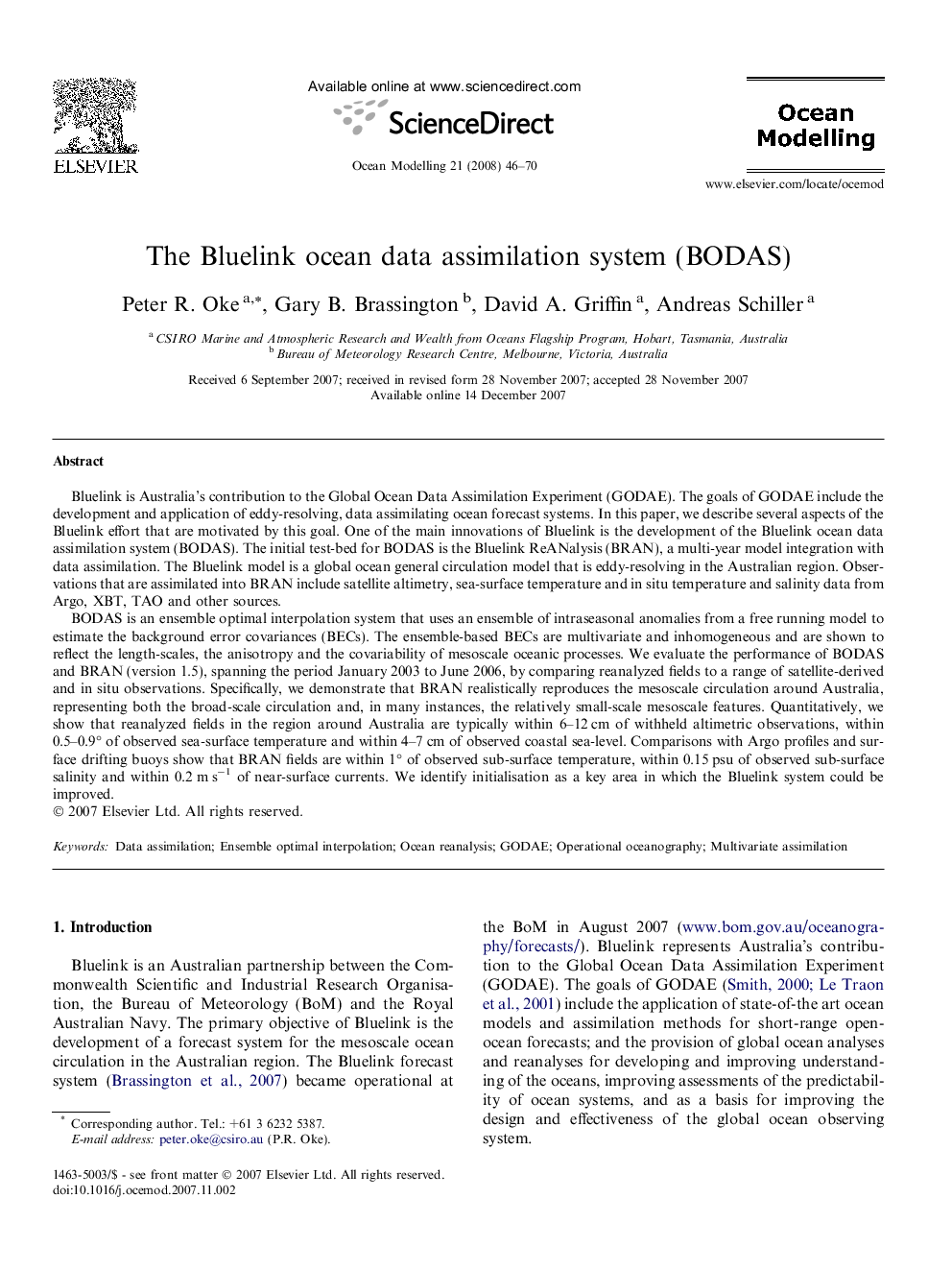 The Bluelink ocean data assimilation system (BODAS)