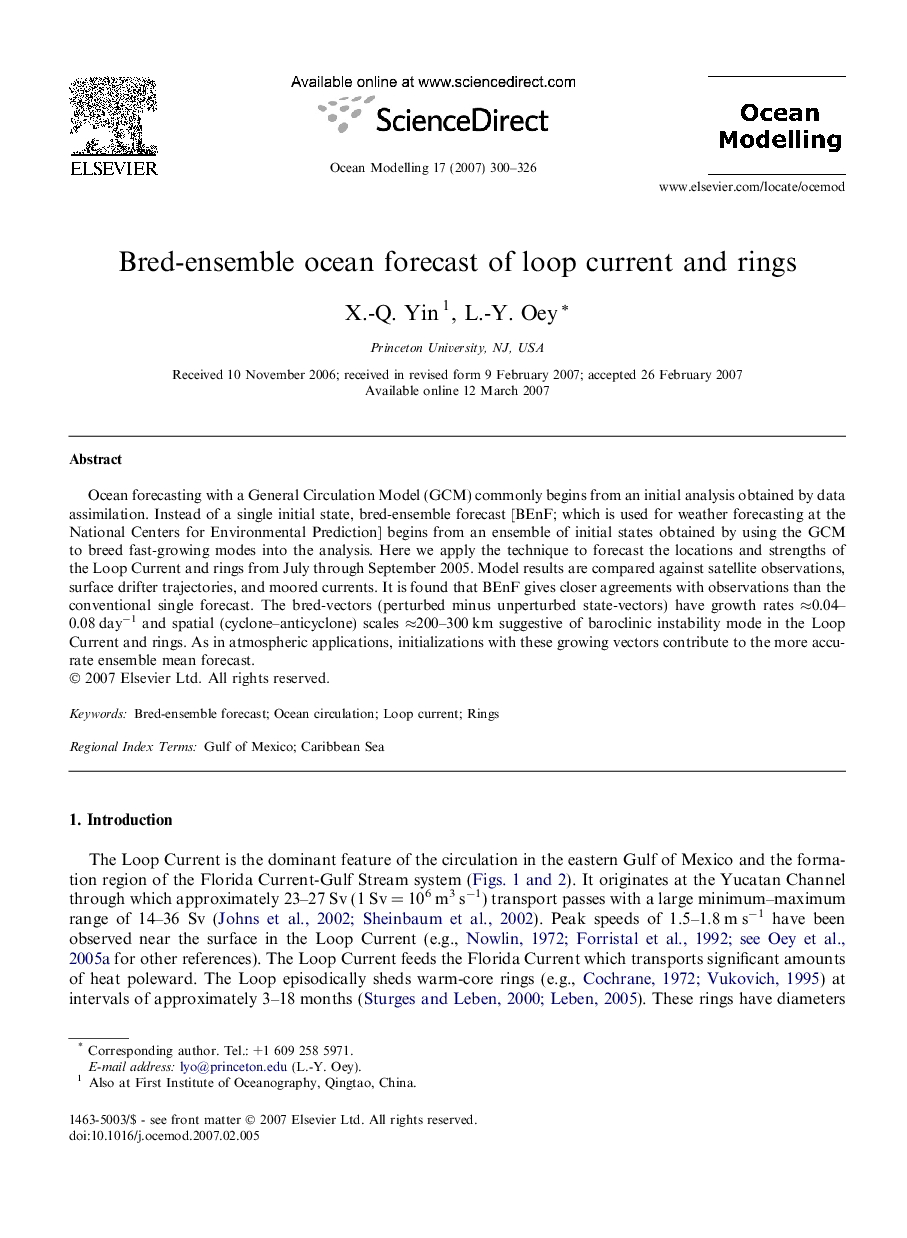 Bred-ensemble ocean forecast of loop current and rings