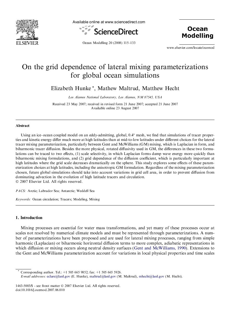 On the grid dependence of lateral mixing parameterizations for global ocean simulations