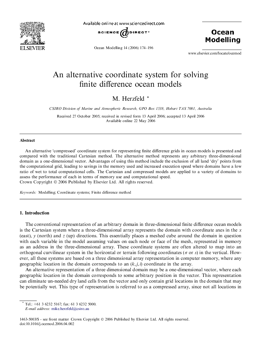 عکس صفحه اول مقاله: An alternative coordinate system for solving finite difference ocean models An alternative coordinate system for solving finite difference ocean models