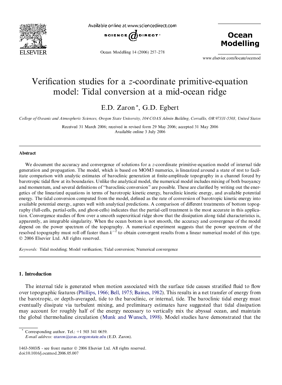 Verification studies for a z-coordinate primitive-equation model: Tidal conversion at a mid-ocean ridge