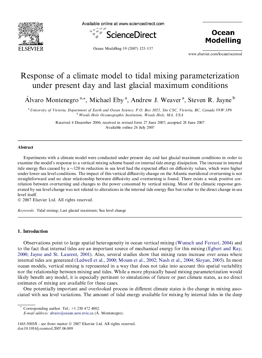 Response of a climate model to tidal mixing parameterization under present day and last glacial maximum conditions