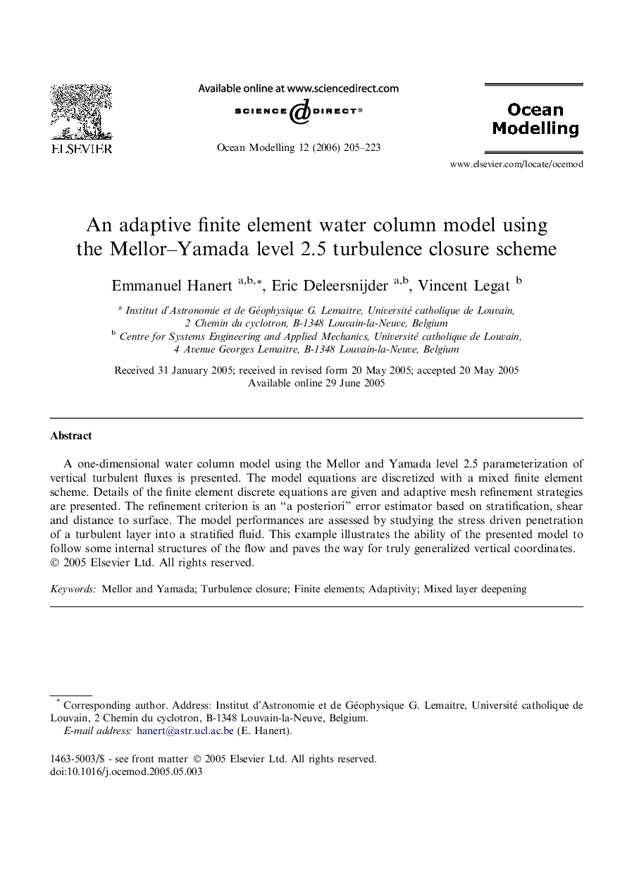 An adaptive finite element water column model using the Mellor–Yamada level 2.5 turbulence closure scheme