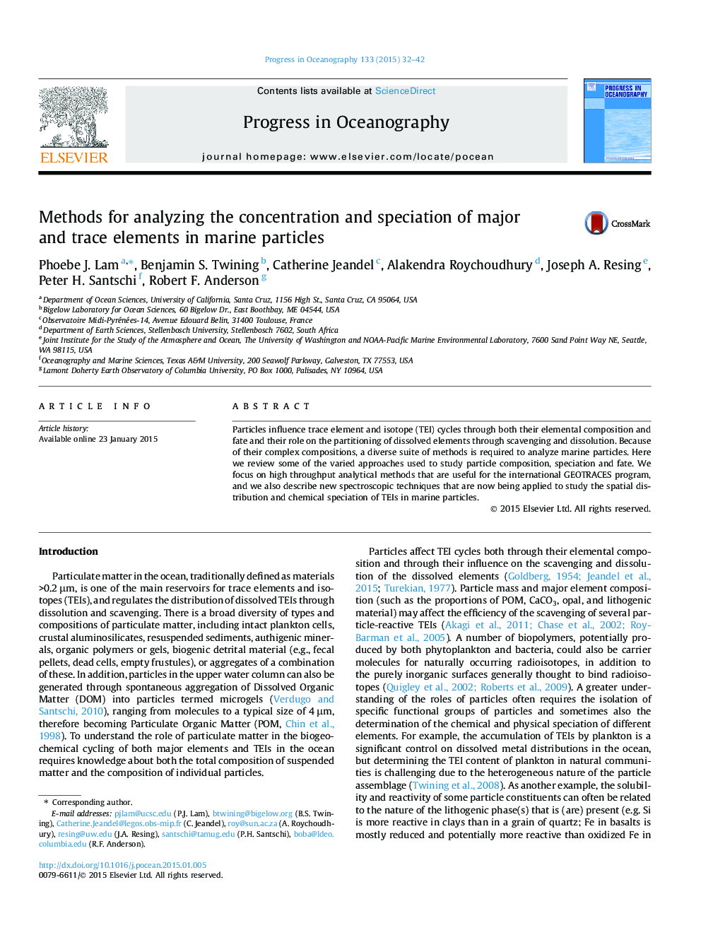 Methods for analyzing the concentration and speciation of major and trace elements in marine particles