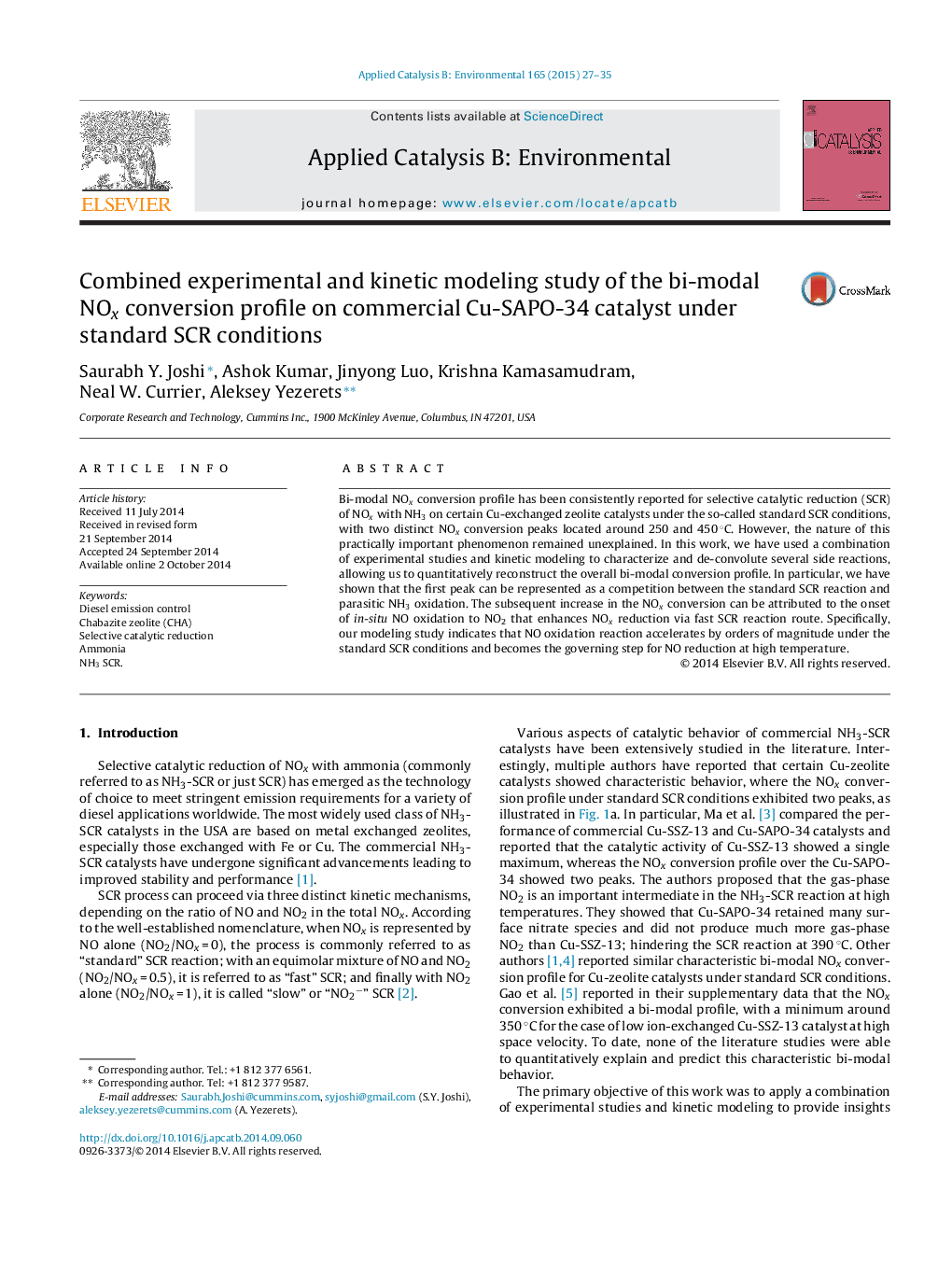 Combined experimental and kinetic modeling study of the bi-modal NOx conversion profile on commercial Cu-SAPO-34 catalyst under standard SCR conditions